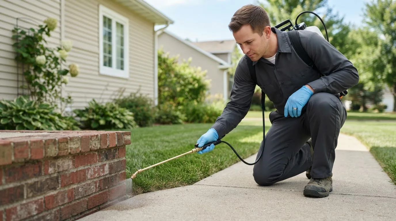 Pest control technician treating a home near Inez, TX