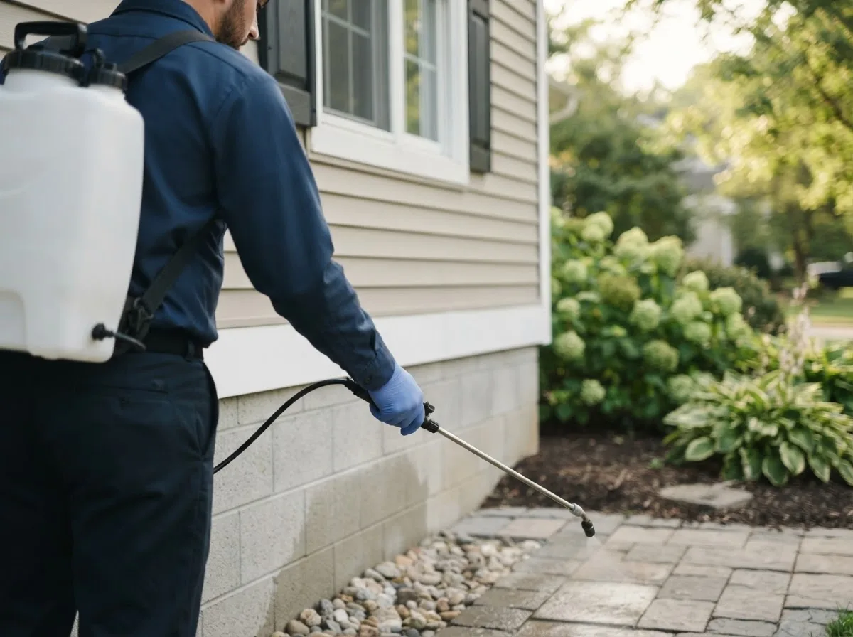 Pest control technician inspecting a home in Inez, TX